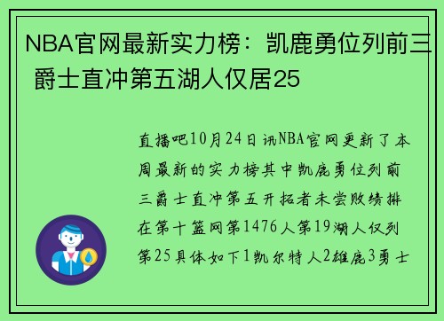 NBA官网最新实力榜:凯鹿勇位列前三 爵士直冲第五湖人仅居25 NBA官网最新实力榜:凯鹿勇位列前三 爵士直冲第五湖人仅居25