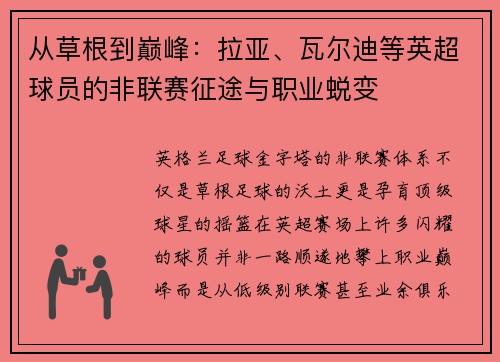 从草根到巅峰：拉亚、瓦尔迪等英超球员的非联赛征途与职业蜕变